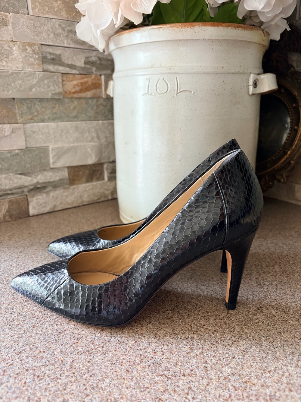Diane Von Furstenberg Black Snake-Embossed Pointed-Toe Pumps